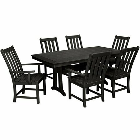 POLYWOOD Vineyard 7-Piece Black Dining Set with Nautical Trestle Table and 6 Arm Chairs 633PWS4071BL